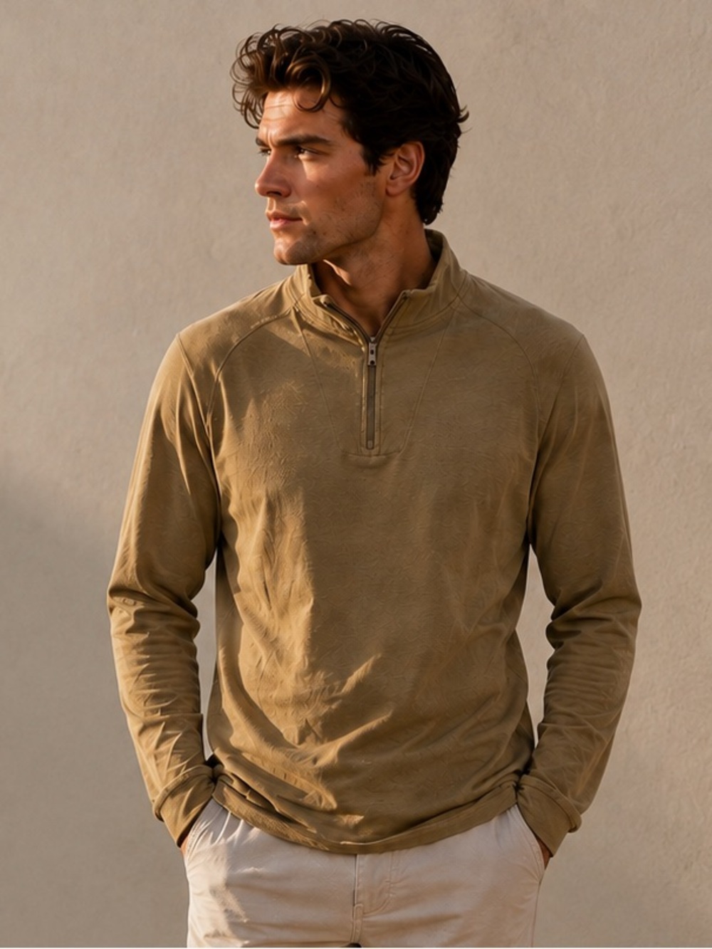 Men's GAP Athletic Fit Quarter-Zip Pullover - Size Large | Khaki/Tan
